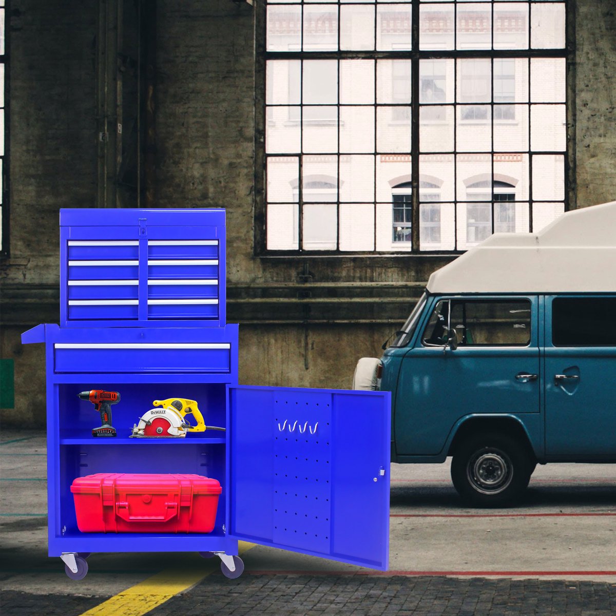 DESMIU Gereedschapskar – Met Wielen En 5 Lades – 58,5 x 28 x 102 cm – Staal – Blauw – Voor Garage En Werkplaats – Verstelbare Plank