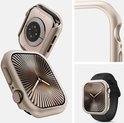 Collage van een starlight Apple Watch hoesje, een detail en een horloge met bandje.