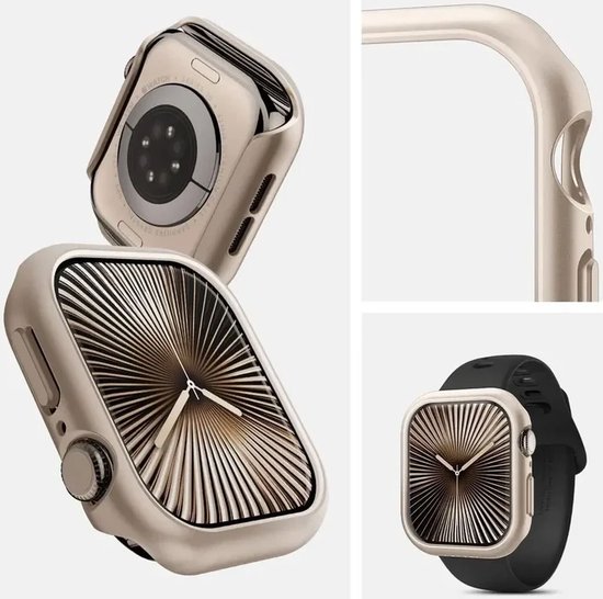 Collage van een starlight Apple Watch hoesje, een detail en een horloge met bandje.