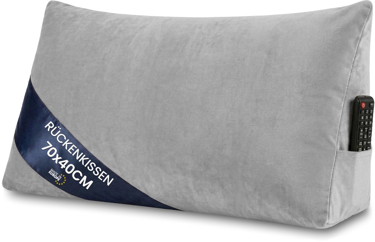 Leeskussen voor bed bank en hoofdbord 70 cm breed - groot driehoekig wigkussen rugkussen – bankkussen rugsteun lendenkussen om comfortabel te lezen in bed of tv te kijken kussen Grijs – Fluweel