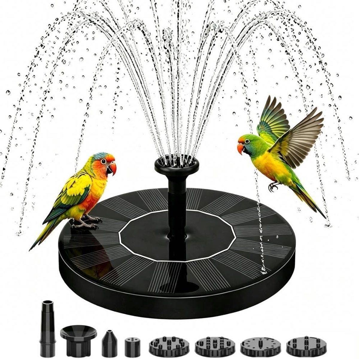 Daity Fontein op zonne-energie voor vogelbad – Fontein op zonne-energie met 6 sproeikoppen – Mini-waterpomp voor tuinen, vijvers, zwembaden en buitenruimtes (5,1 inch)