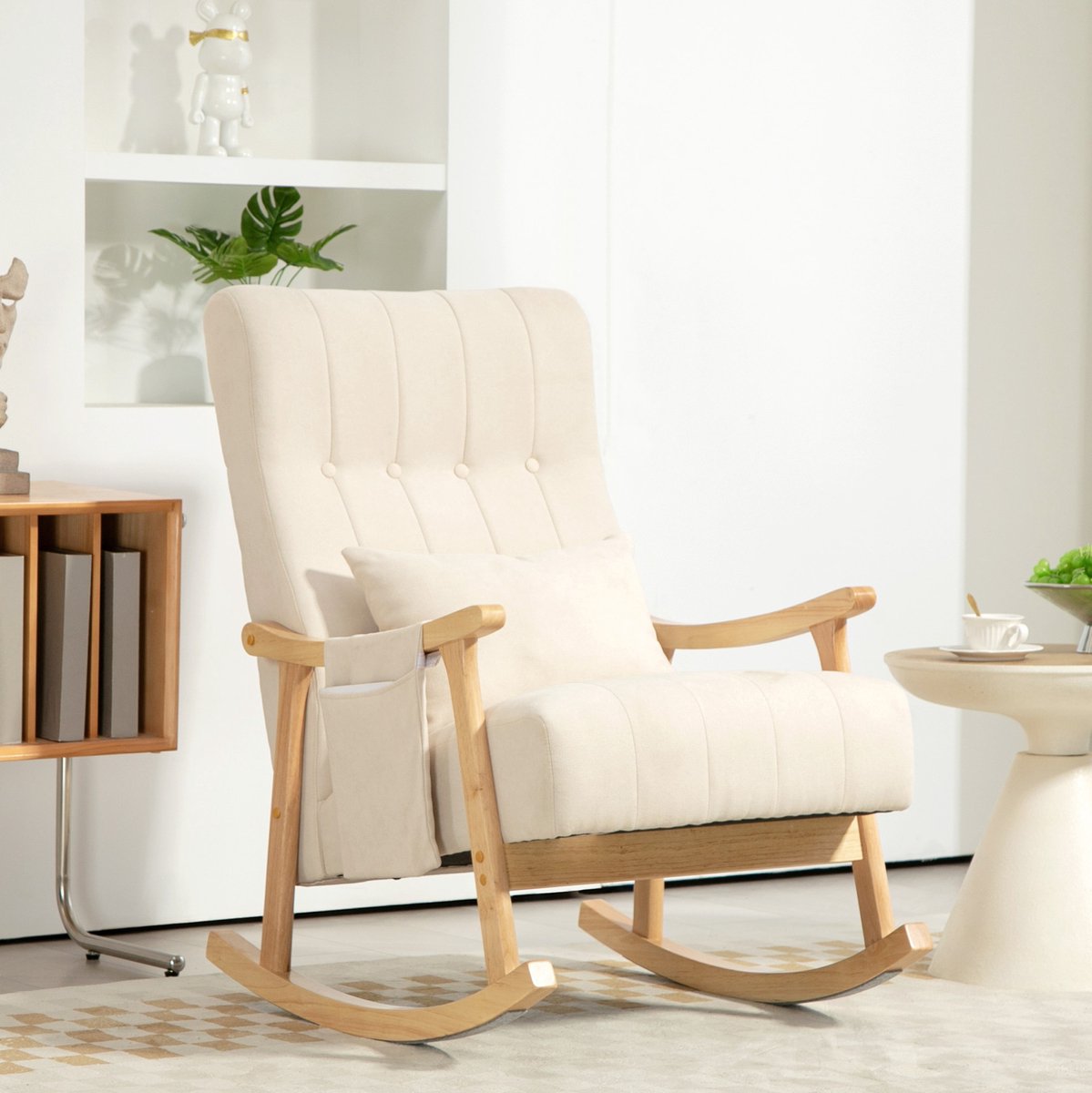 MIVRAY Schommelstoel 65 x 90 x 98 cm - Gepolsterde Relaxfauteuil Met Lendenkussen En Zijvak - Voor Woonkamer En Slaapkamer - Hout Beige