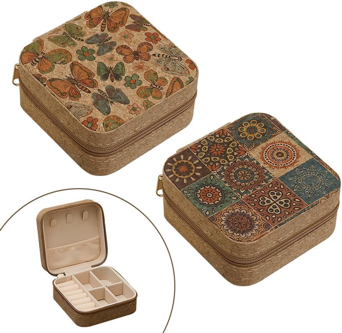 Vintage Patroon Kurken Sieradenboxen - Reis Sieradenopslag, Kleine Draagbare Dozen voor Kettingen, Oorbellen, Armbanden en Ringen (2 Stijlen)