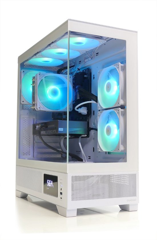 Witte pc-kast met glazen zijkant, verlicht met blauwe en groene aRGB-ventilatoren en componenten. Een digitaal display toont 56.4°C.