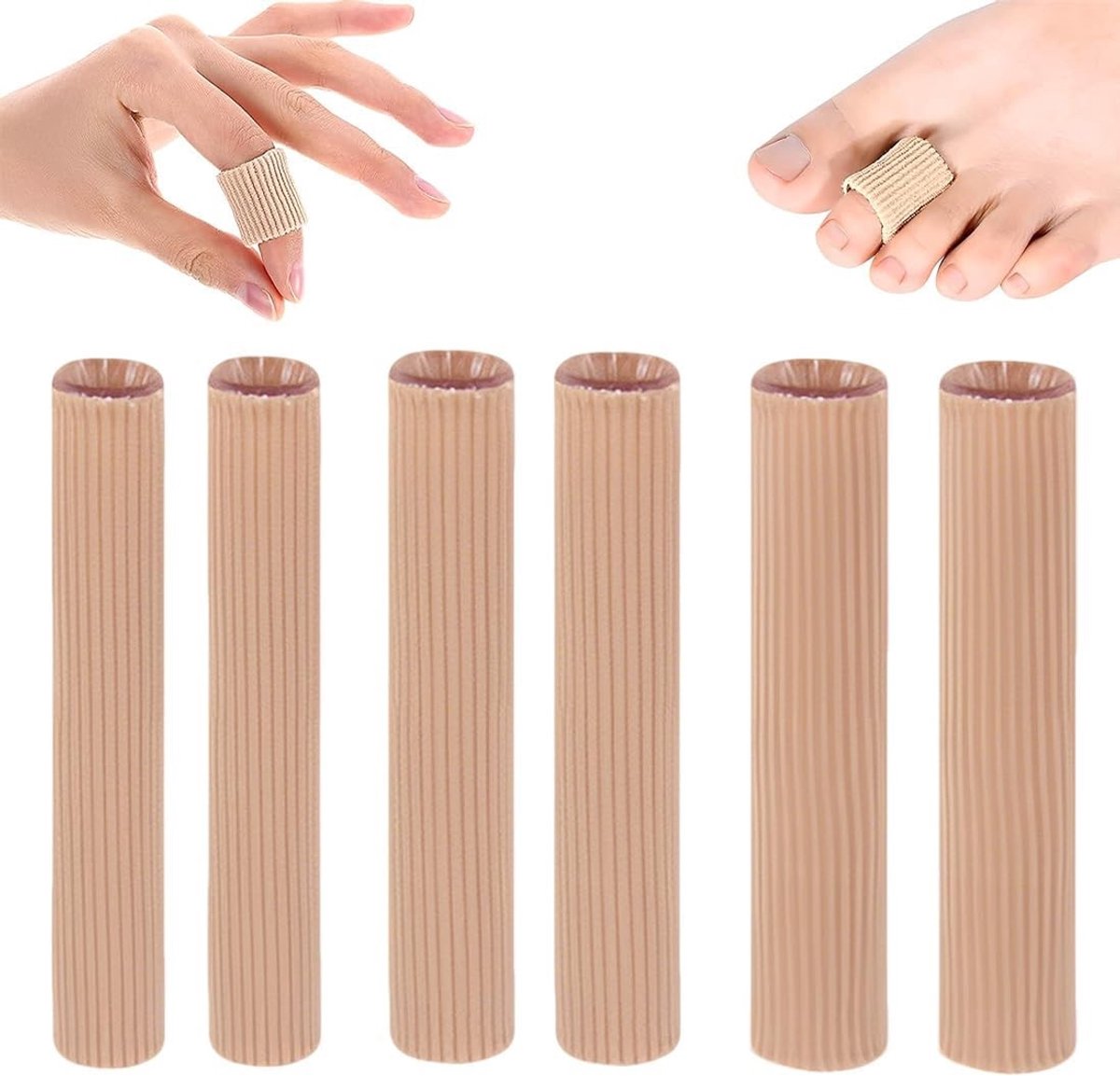 Teenbescherming met 6 siliconen hoezen in Beige voor optimale comfort en bescherming, maat S/M/L, lengte 10 cm, breedte 1,5, 2 en 2,5 cm