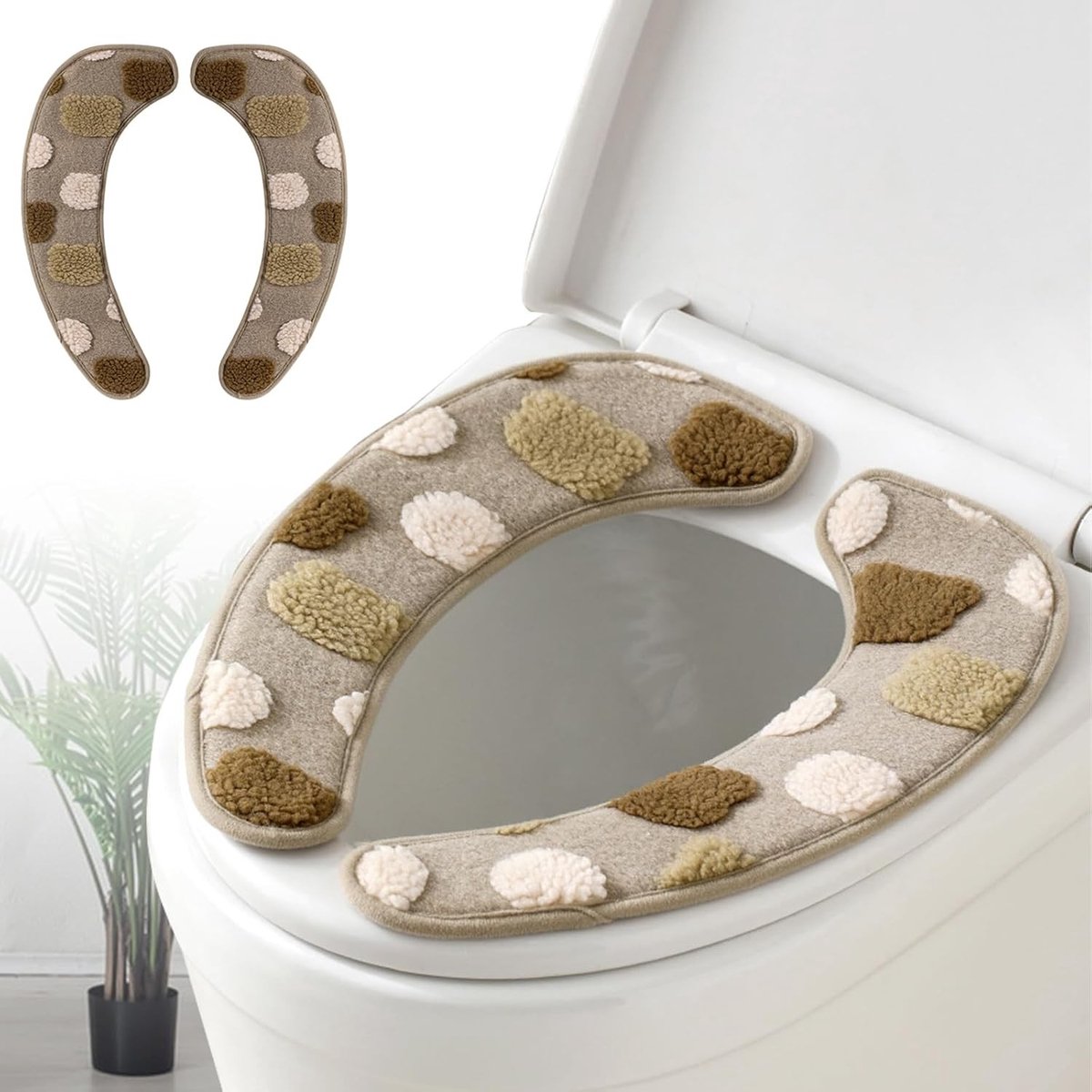 Warm en dik toiletbrilhoes, wasbaar en herbruikbaar kussen met TPR-adhesie, decoratief patroon voor comfort en isolatie (Bruin)