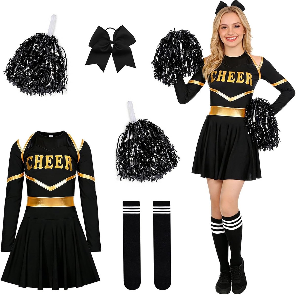 Vrouwelijk Cheerleader Kostuum met Pompoms, Gestreepte Sokken en Hoofddeksel voor Carnaval en Themafeesten