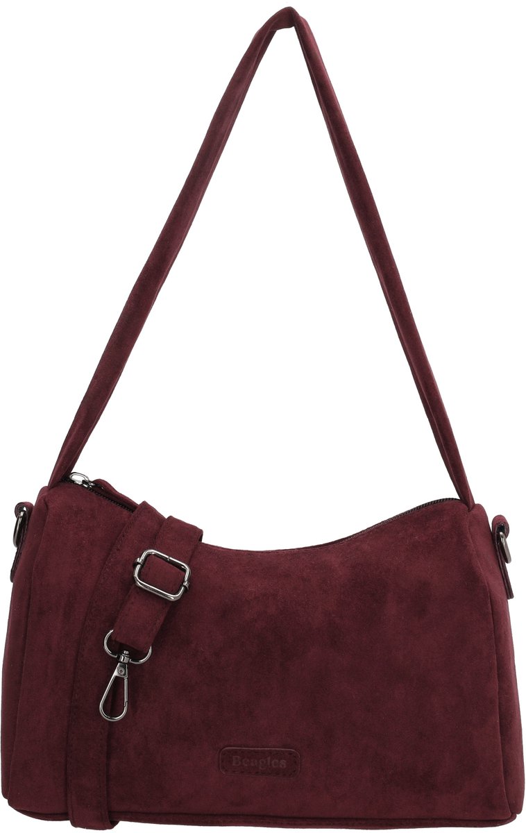 Beagles Ako Schoudertas - Faux Suede - Dames Tas - Crossbody - Afneembare Schouderband - Ritssluiting - Bordeaux rood