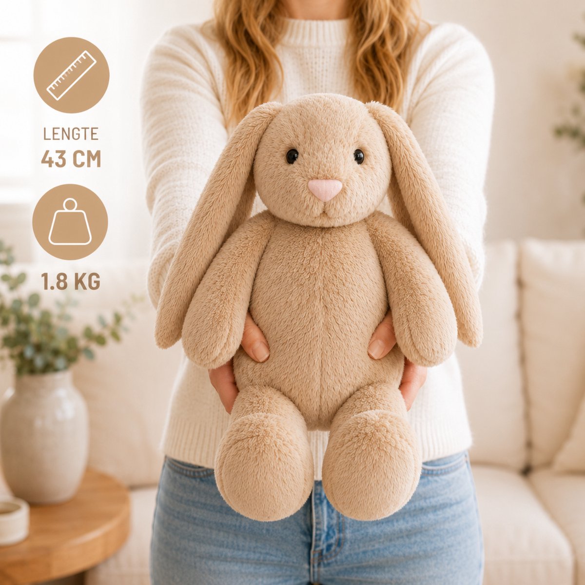 Verzwaringsknuffel 2Kg - Verzwaarde Knuffel - Coco Konijn - Weighted Stuffed Animal - Sensorisch Speelgoed - Voor Kinderen En Volwassenen - Bruin - Met Canvas Opbergtas — afbeelding 10
