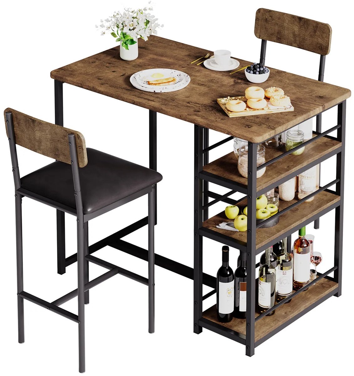 RosaBloom Eettafelset - Bartafel - Keukentafel Met Stoelen - Met Opbergplanken - Stalen Frame - 91.5x50x91.5 cm - MDF en Staal - Bruin en Zwart