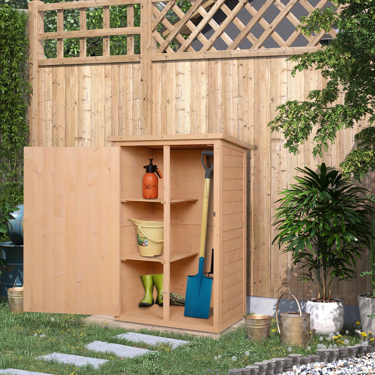 MIVRAY Opbergkast – Compacte Tuinkast Met 2 Binnenplanken – 75 x 56 x 115 cm – Hout – Naturel Hout – Voor Tuin En Balkon – Afsluitbaar