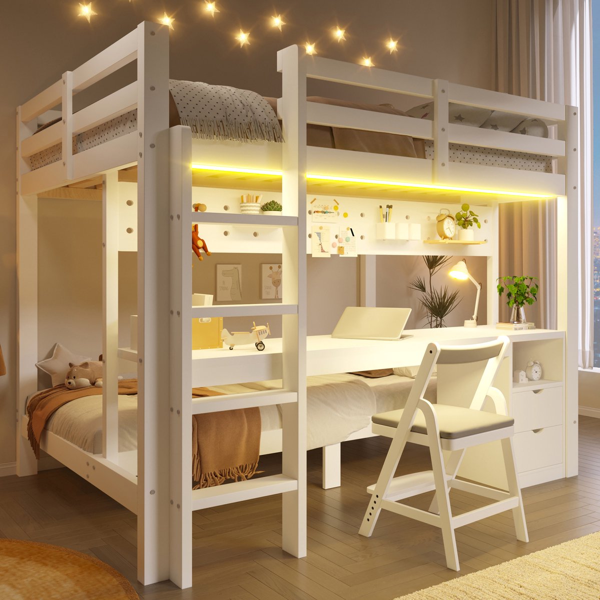 Wishdor Hoogslaper 140x200 cm en 90x200 cm - Met lades en bureau - Inclusief geperforeerd paneel en ledverlichting - Wit - Kinderkamer