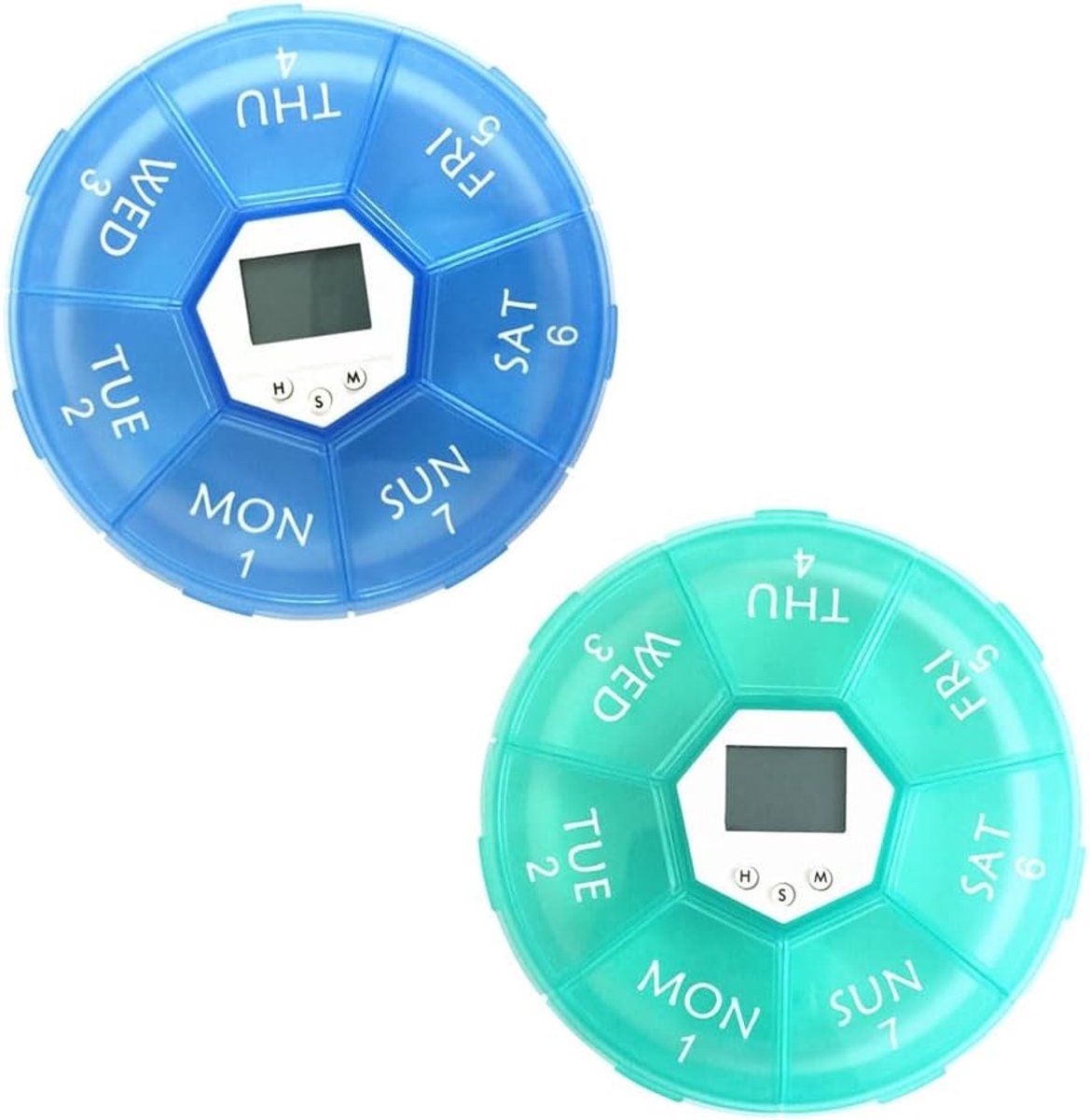 Automatische Pillen Dispenser 2-Pack voor 7 Dagen in Groen en Blauw | Elektronische Medicatie Organizer, Tabletten Box met Timer en Herinnering voor Voorgeschreven Geneesmiddelen en Vitaminesupplementen