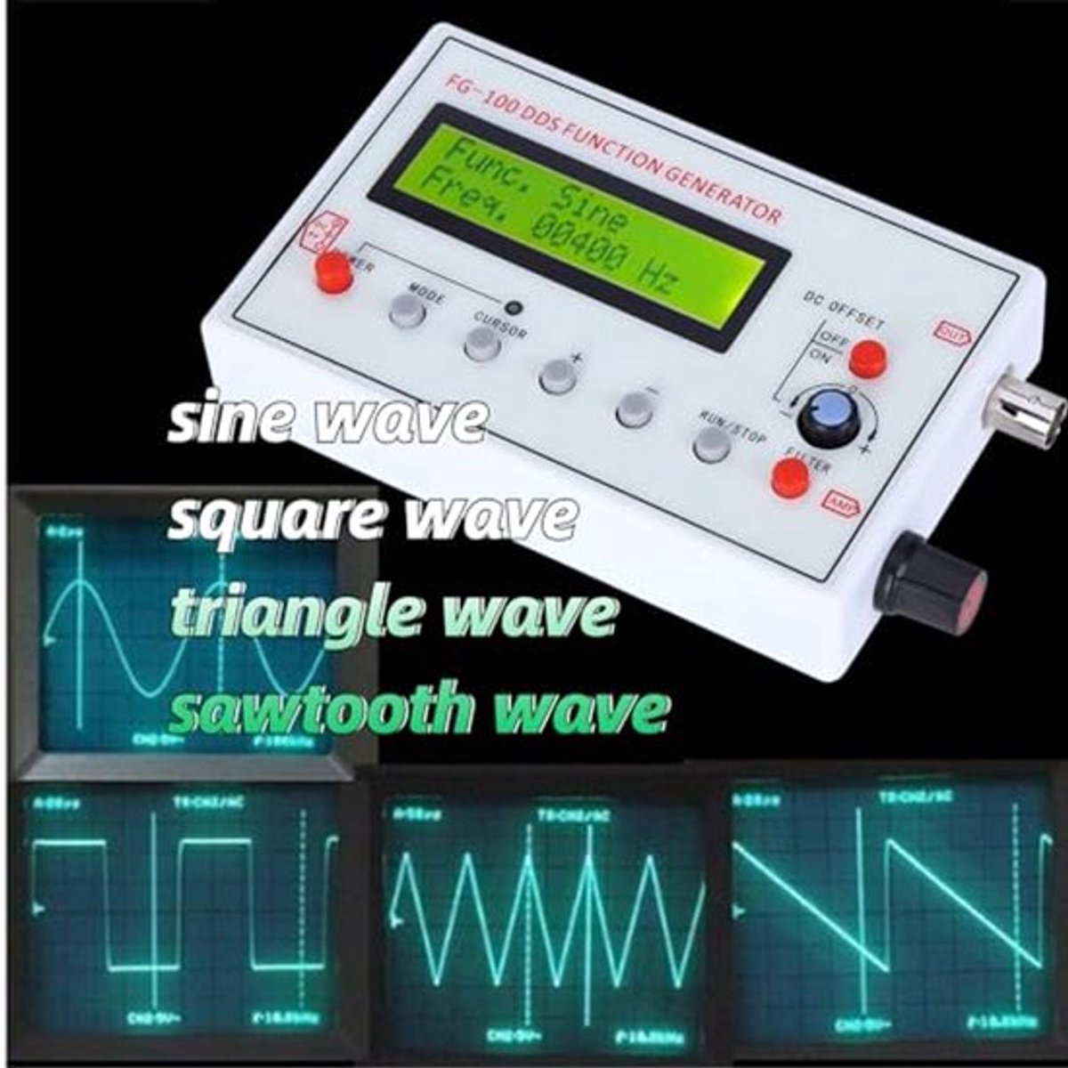 Draagbare DDS functiegenerator met sinusfrequentie van 1 Hz tot 500 kHz, inclusief filter en teller, ideaal voor kalibratie van oscilloscopen en nauwkeurige frequentiebronnen