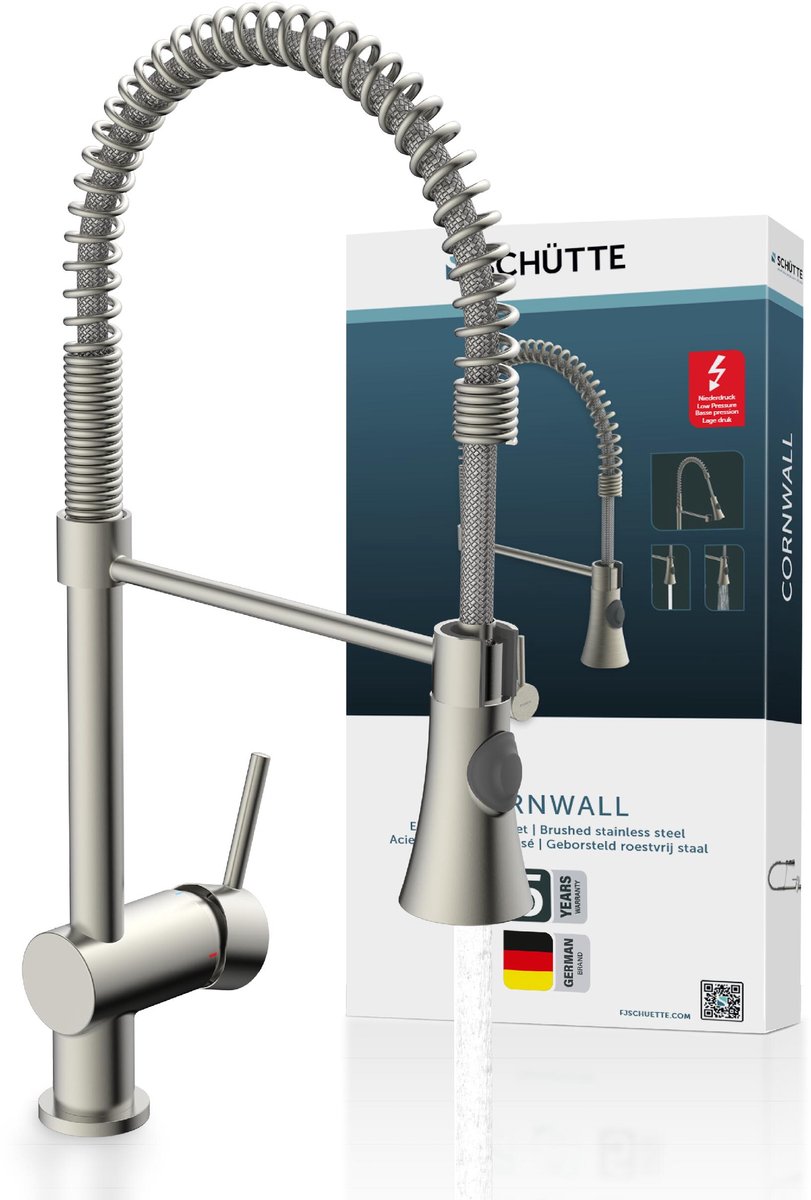 SCHÜTTE CORNWALL Design Keukenkraan Voor Waterverwarmer - Met Vrije Uitloop - Lage Druk - Mengkraan - Draaibare Uitloop Met Spiraalveer - RVS-Look