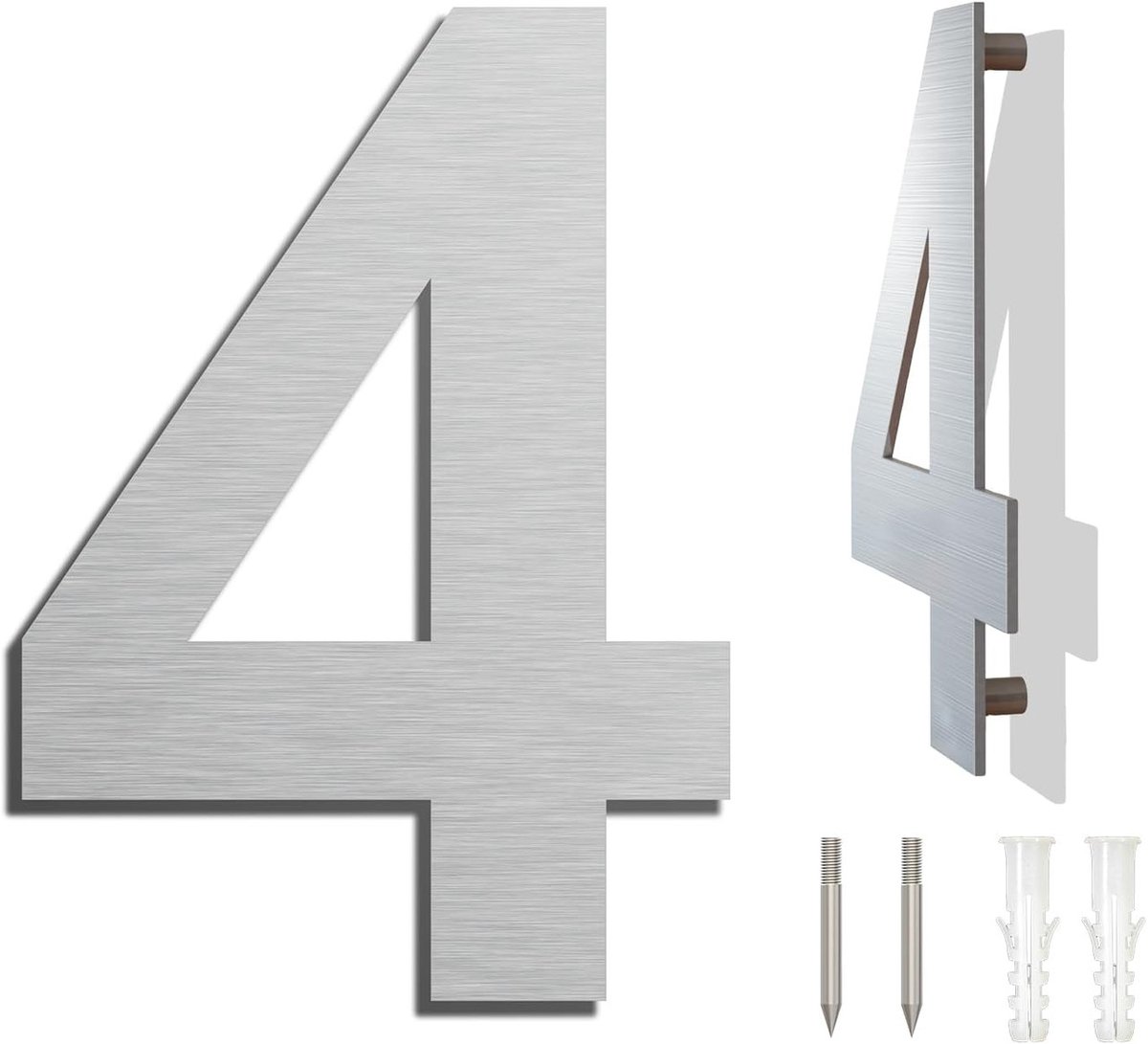 Rvs huisnummer - 25,4 cm - Cijfer 4 - Huisnummerbordje - Huisnummer - Hotelkamernummer - Zwevend huisnummer - Metalen huisnummer - Huisnummer voor buiten - 3D-huisnummer - Eenvoudig te monteren - Minimalistische stijl - Zilver
