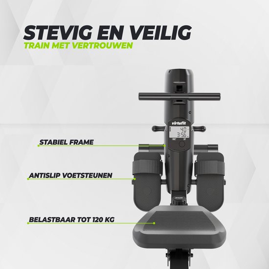 Zwarte VirtuFit ROW100 roeitrainer met stabiel frame, antislipt voetsteunen, belastbaar tot 120 kg.