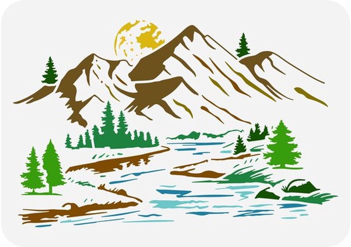 Berg stencil 21 x 29,7 cm Herbruikbare Rivier Natuur Landschap Schilderen Sjabloon DIY Craft Dennenboom Maan Landschap Decoratie Stencil voor Schilderen op Houten Muur Stof Meubels