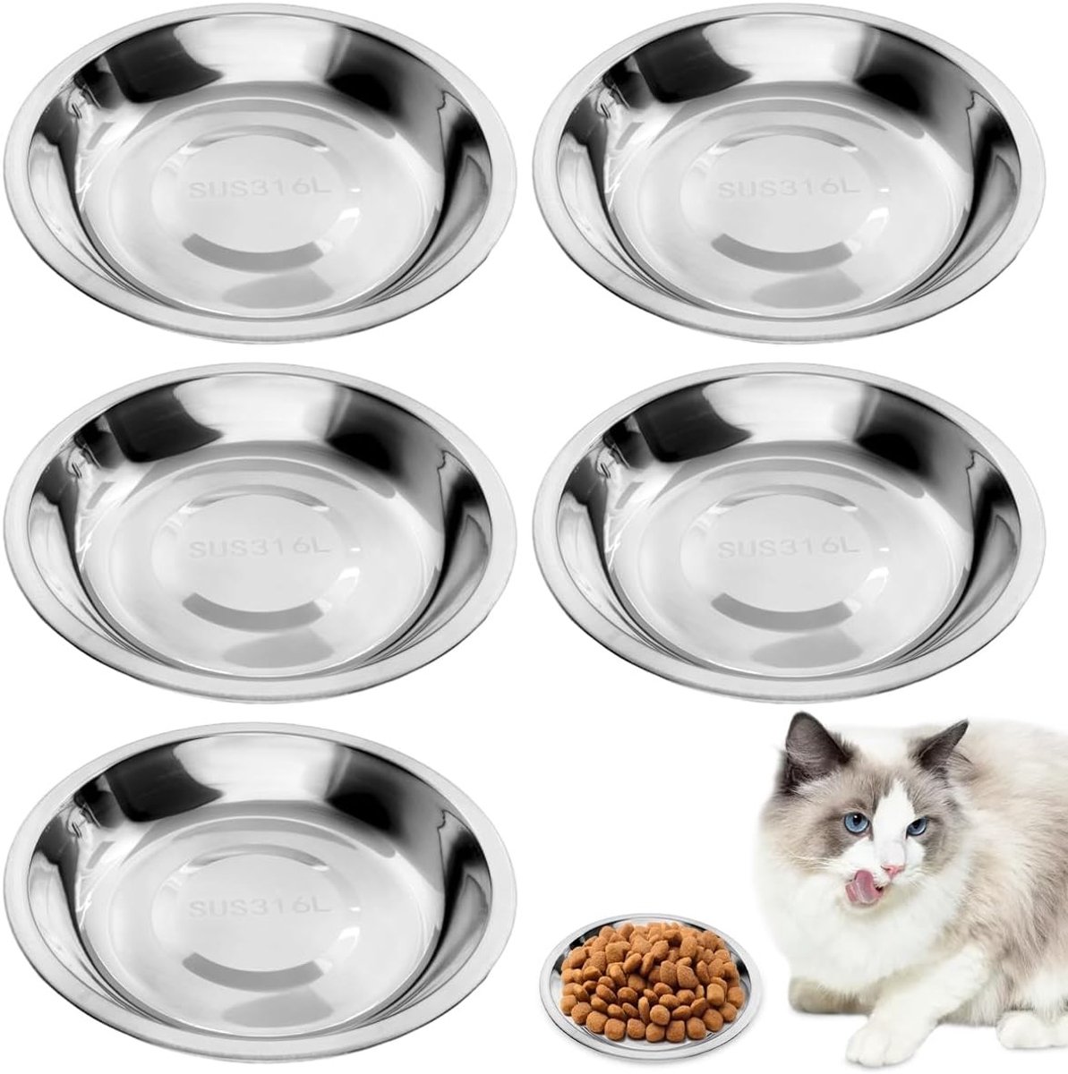 Set van 5 RVS Kattenbakken en Voerbakken, Ondiepe Metalen Litter Tray, Makkelijk Schoon te Maken voor Kleine en Middelgrote Huisdieren