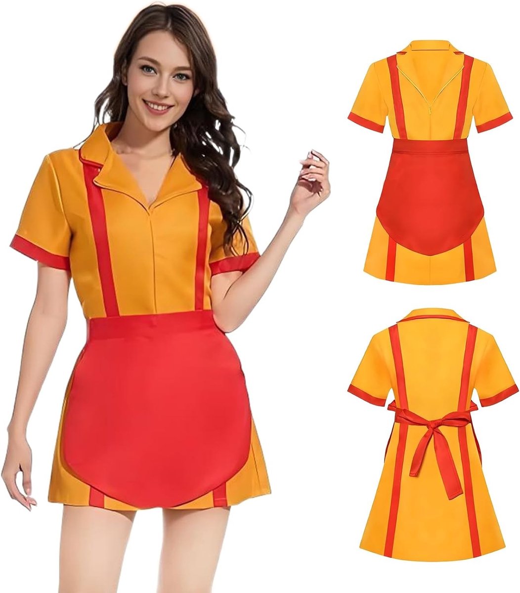 2 Broke Girls Maid Dress - Klassiek Rood- Oranje Kostuum voor Cosplay, Halloween en Themafeesten met Schort en Accessoires