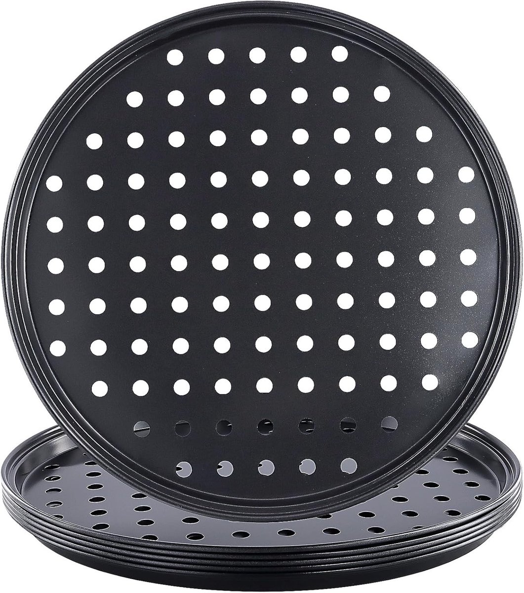 Set van 6 Stuks 10 Inch Pizza Pannen met Gaten, Ronde Carbon Stalen Bakplaten voor Perfecte Pizza's en Ovengebruik