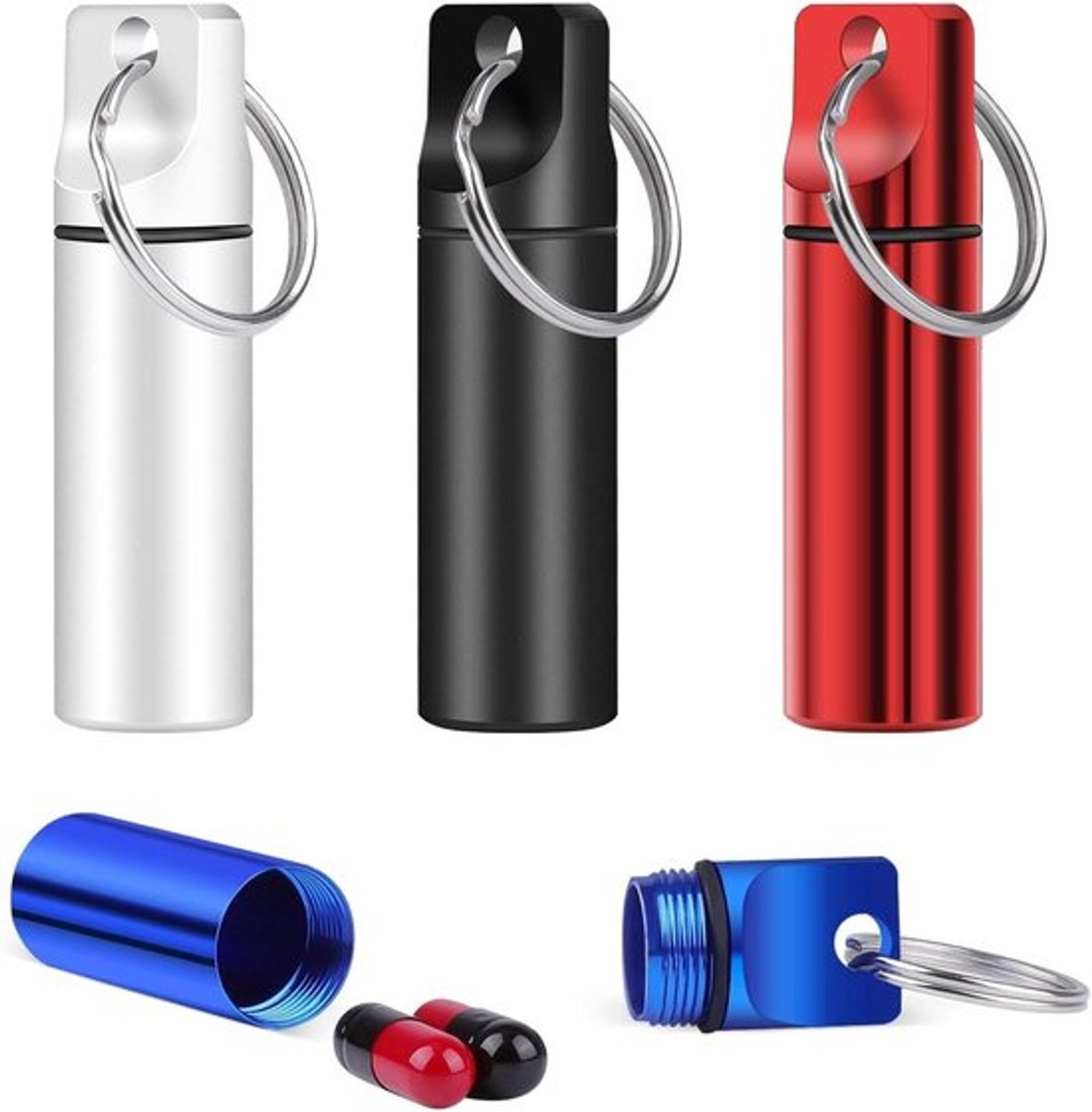 Premium - 4 stuks waterdichte metalen pillendoos sleutelhangers voor onderweg - tablettenbox - medicijndoos