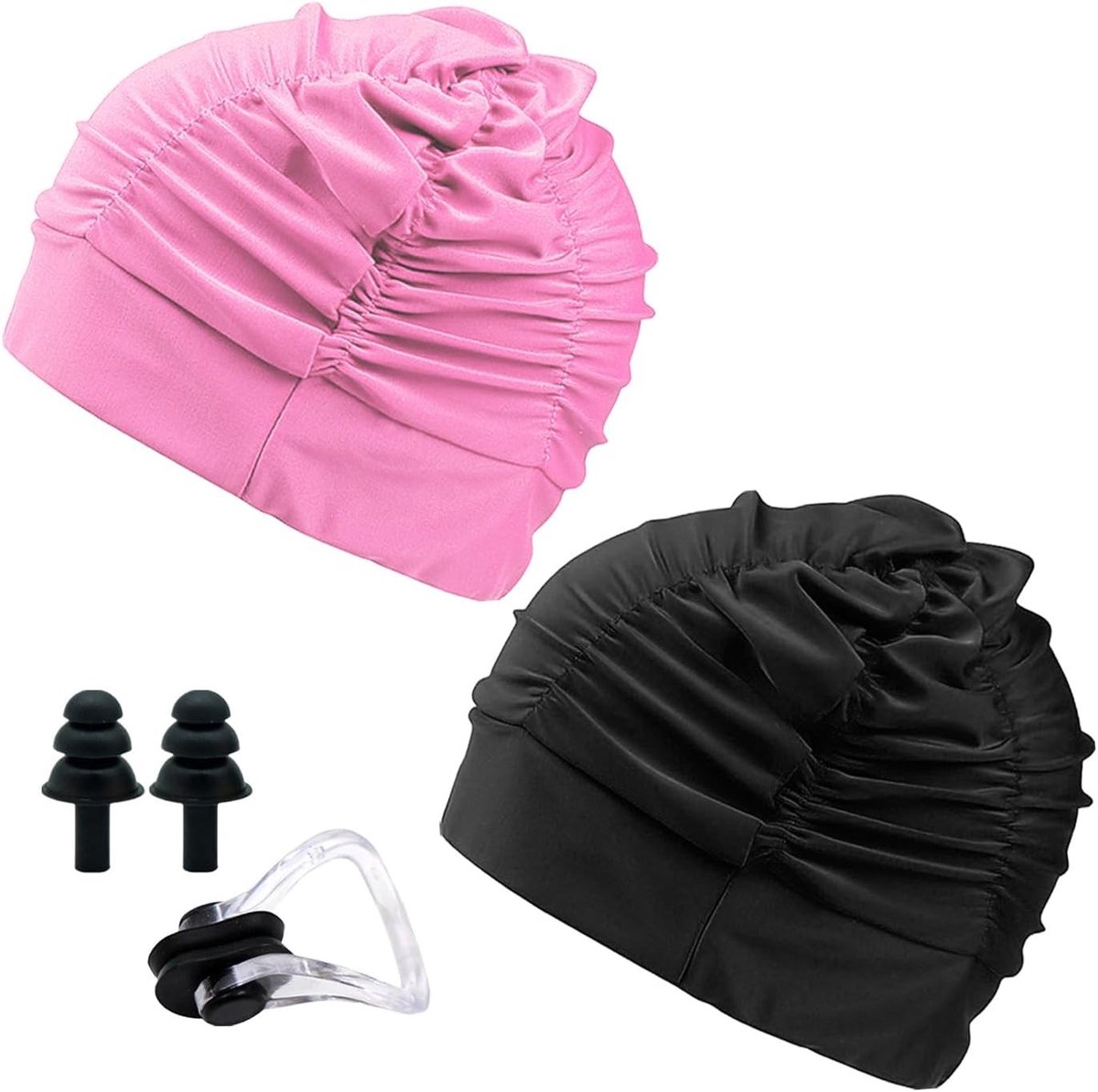 Set van 2 dames zwemcaps met neusclip en oordopjes, elastische zwemaccessoires voor volwassenen, perfect voor zwemmen en wateractiviteiten