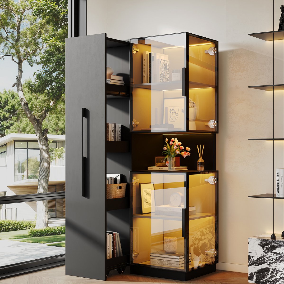 Wishdor - Vitrinekast - Dubbel glasdesign met uittrekbare zijrekken - moderne displaykast voor woonkamer of eetkamer - houtlook en glas - zwart - 70 x 38 x 160 cm