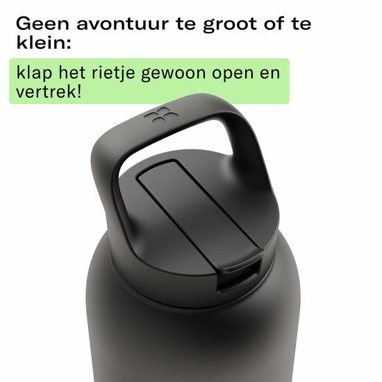 Zwarte drinkbeker met deksel en draaglus.