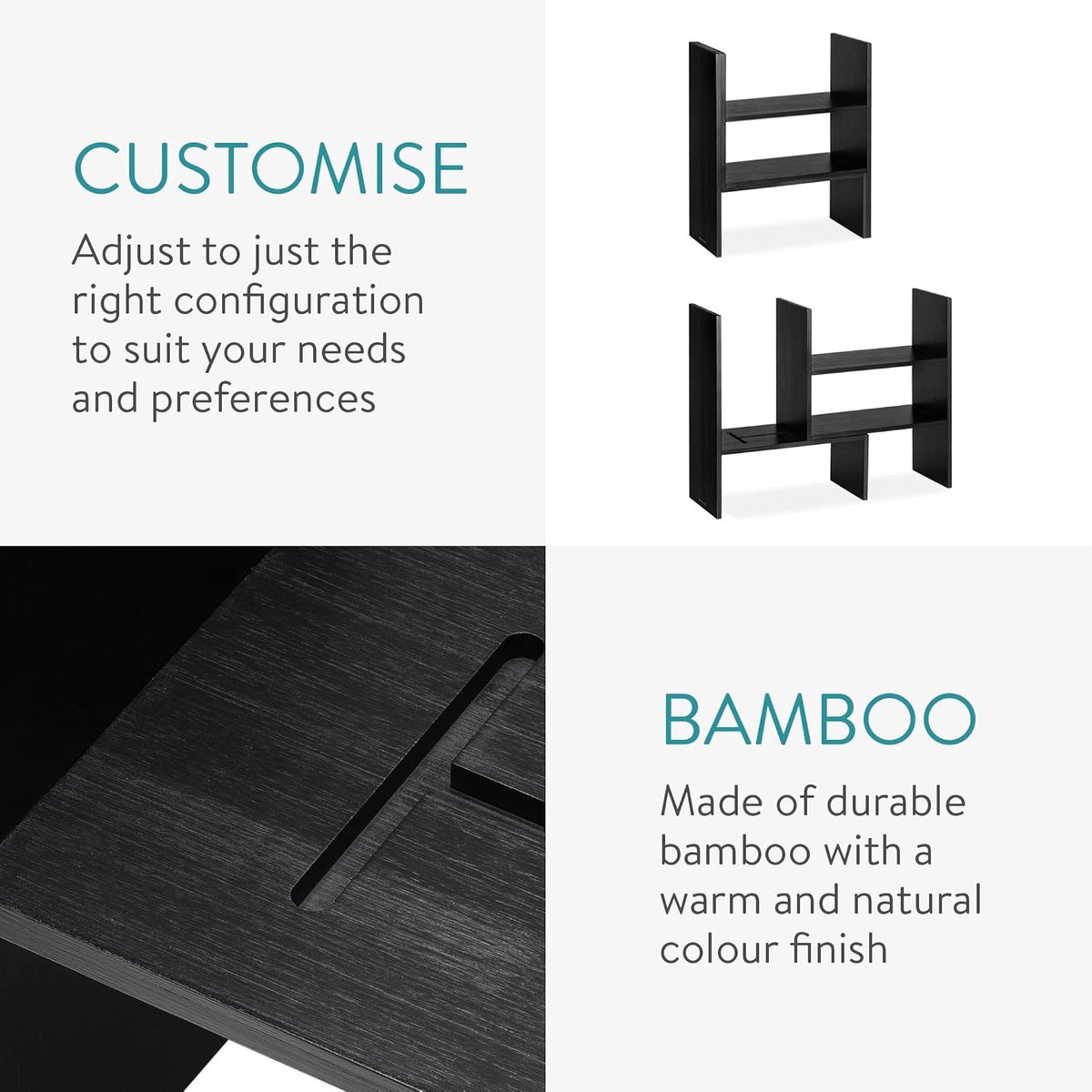 Instelbare Bamboe Bureau Organizer - Aanpasbare Desk Tidy Module - Bureau Opbergrekken - Zwart — cadeau in Wonen & Interieur - foto 2