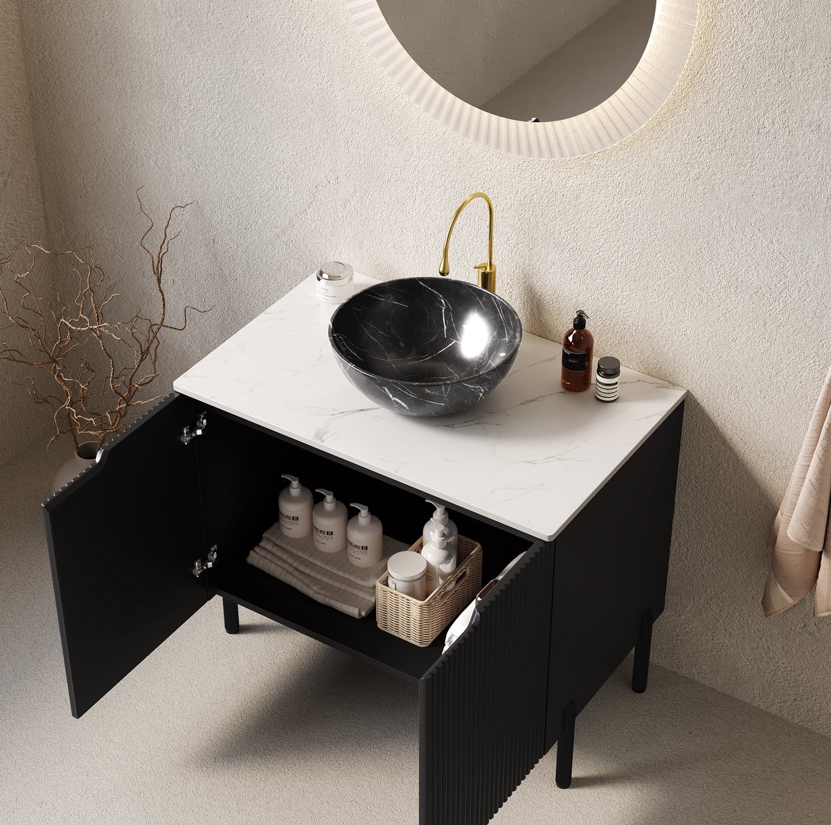 OKWISH Badkamermeubel - 76 x 48 x 89 cm - Vrijstaand Met Opbouw Waskom - 2 Deuren Met Softclose - Keramiek En Gesinterde Steen Zwart Wit