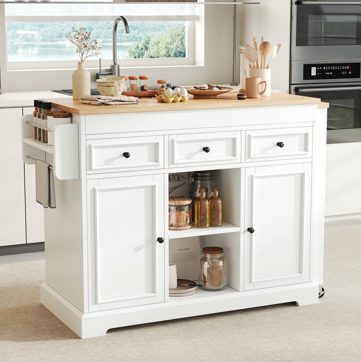 OKWISH Keukenkast - Uitschuifbaar Keukeneiland Op Wielen - 112-188 x 45 x 92 cm - 3 Lades En 2 Deuren - MDF Wit Naturel
