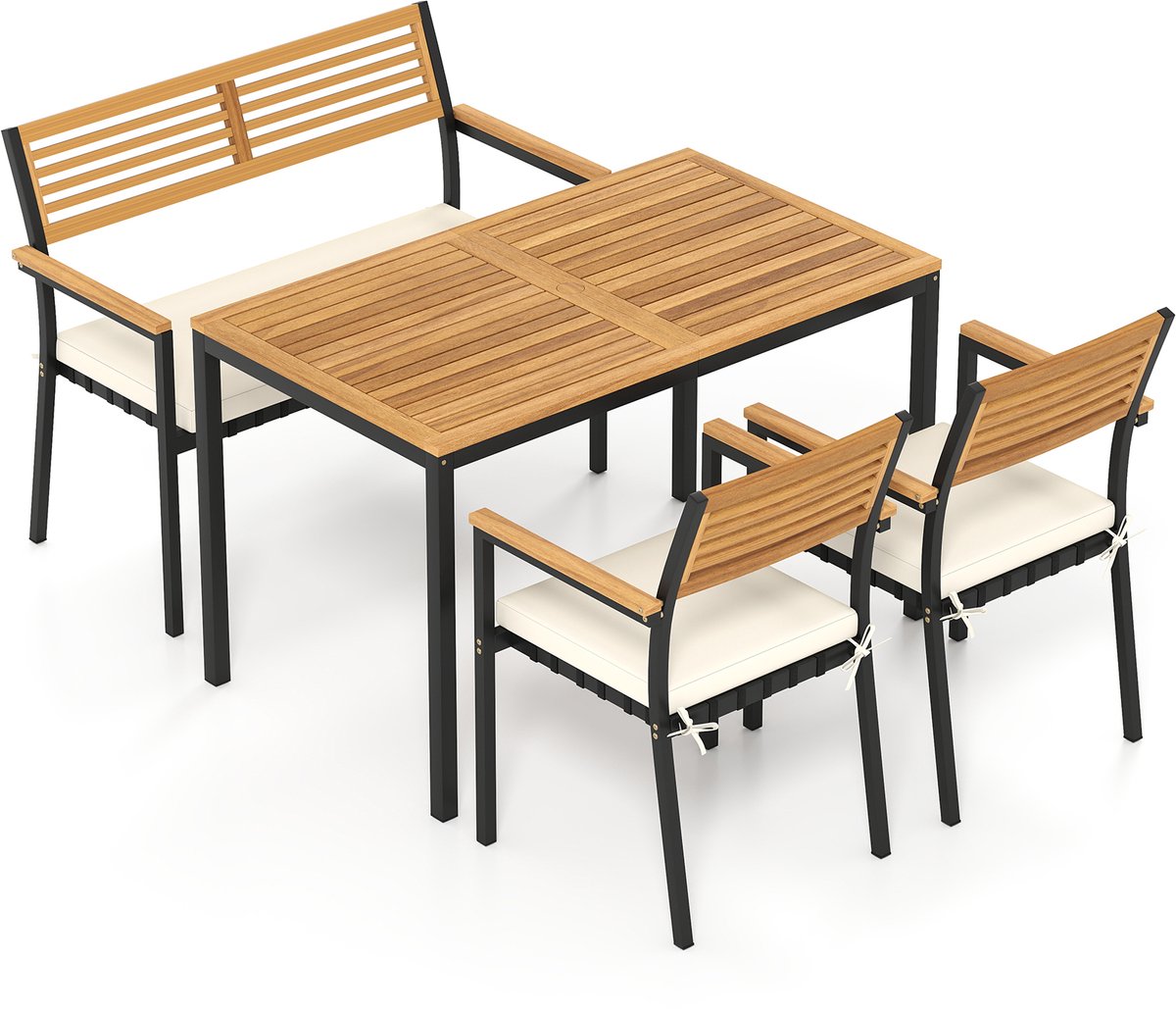 COSTWAY Tuinmeubelset, terrasmeubelen incl. tuintafel met parasolgat, tuinbank & 2 stapelbare tuinstoelen met kussens, zitgroep voor 4 personen, tuinset, zitmeubilair, buiten eetset.