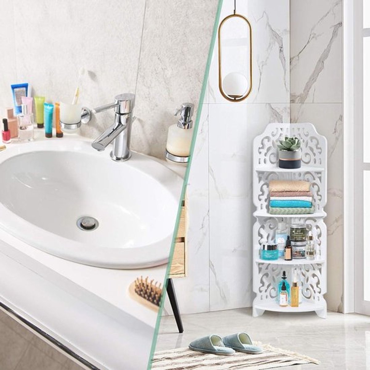 Hoekrek met 4 niveaus opbergrek voor badkamer, vrijstaand, gebeeldhouwd, stoombestendig - Wit