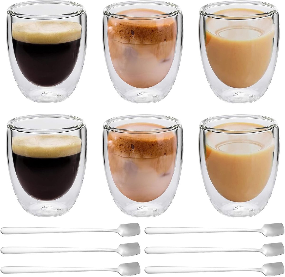 Set van 6 dubbelwandige espressokopjes van 350 ml met 6 bijpassende koffie- en cappuccino lepels voor optimale smaakbeleving