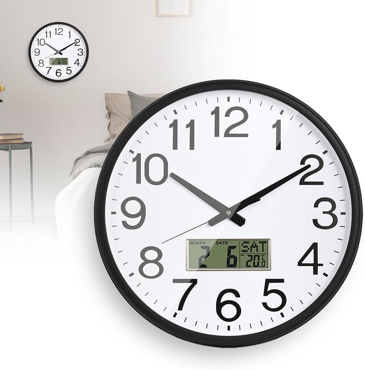 Stille Wandklok met Temperatuurweergave en Verlichte LCD Scherm, 32 cm, Perfect voor Woonkamer, Slaapkamer, Kantoor en Keuken
