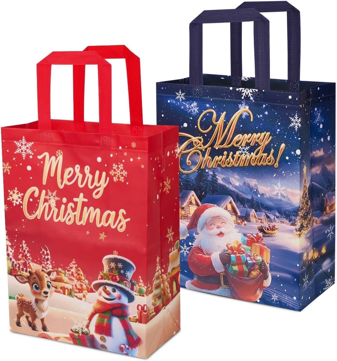 Herbruikbare Kerstcadeautassen met Handvat, Set van 2, Perfect voor Feestelijke Decoratie en Cadeauverpakking (Blauw/Rood)