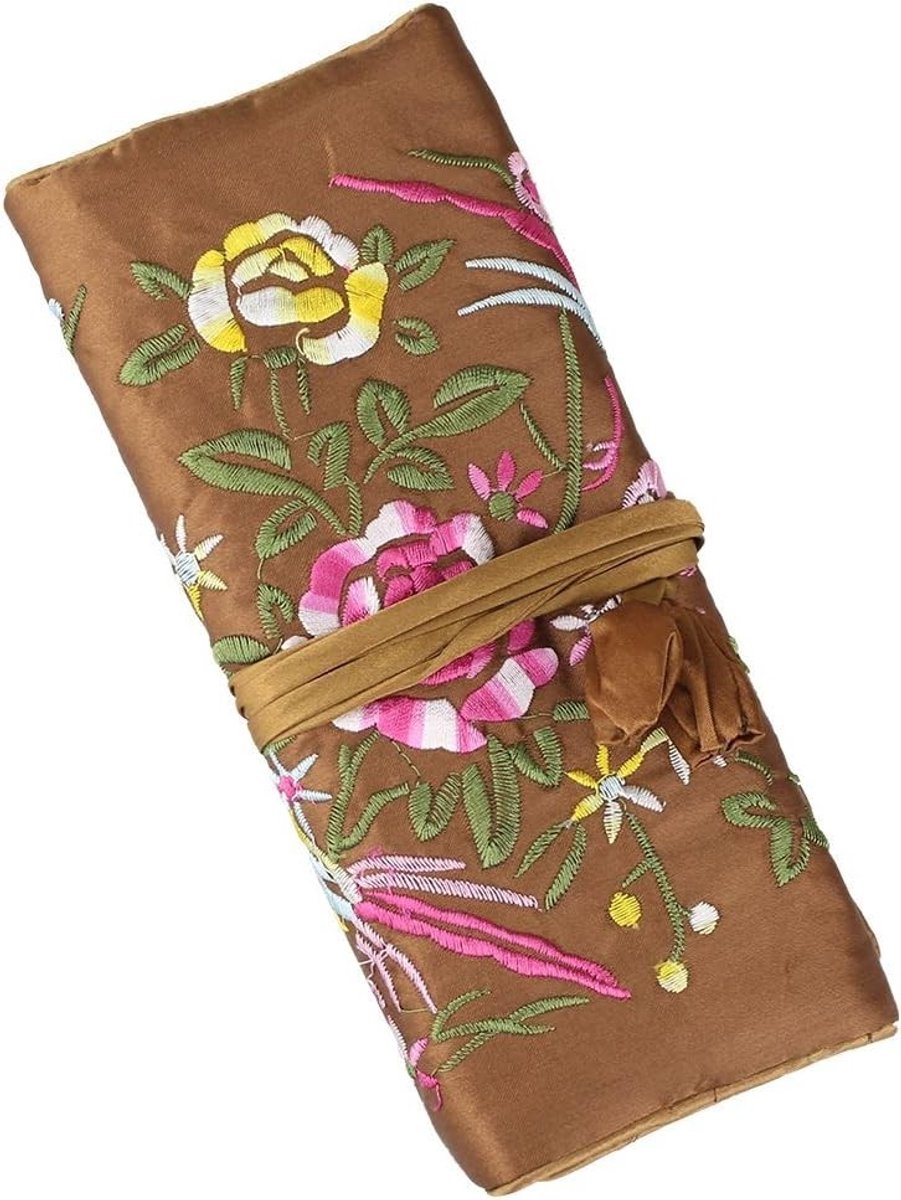 Elegante Vrouwelijke Sieraden Organizer Roltas met Brocade Borduurwerk, Vouwbare Pouch voor Oorbellen en Ringen, Retro Sieradenopslag voor Reizen en Thuisgebruik