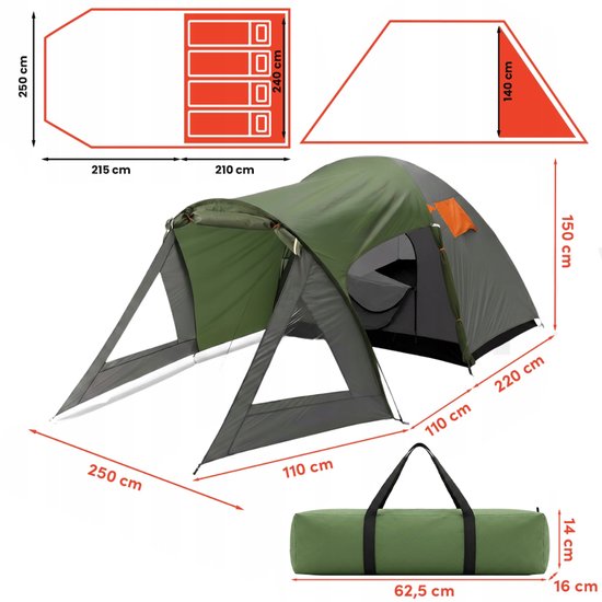 MOZY® - 4-Persoons Kampeertent - 440 x 250 x 150 cm - met 2 Slaapkamers - Muskietennet - Waterbestendig - Kamperen - Camping — afbeelding 4