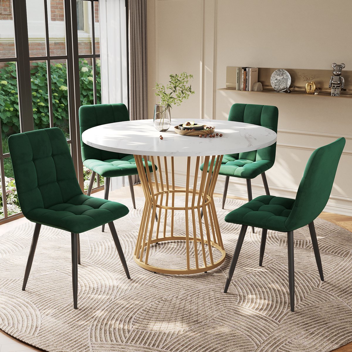 DESMIU Eettafelset 100 cm - Ronde Eettafel Met 4 Fluwelen Stoelen - Voor Keuken En Eethoek - MDF En Metaal - Groen Wit Goud