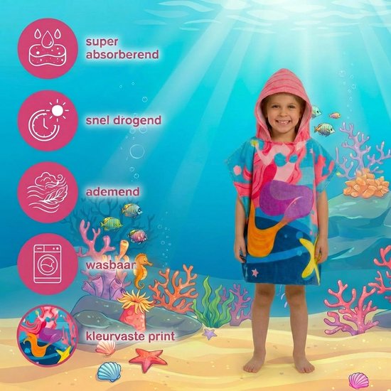 Badponcho - Poncho Handdoek - Zeemeermin - Zomer Badcape - Omslagdoek - Handdoek Met Capuchon - Strandhanddoek - Polyester - Meisje - Kinderen - Kinder - Peuter - Kleuter - Vanaf 3 jaar — afbeelding 2
