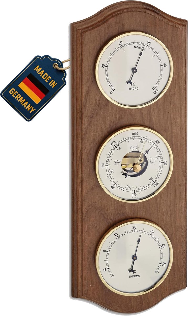 SnelShoppen - Analoog Weerstation Wandmontage - 3 Wijzerplaten - Massief Eiken - Rustiek Design - Interieur Decoratie - 337mm Hoogte - Perfect voor Th