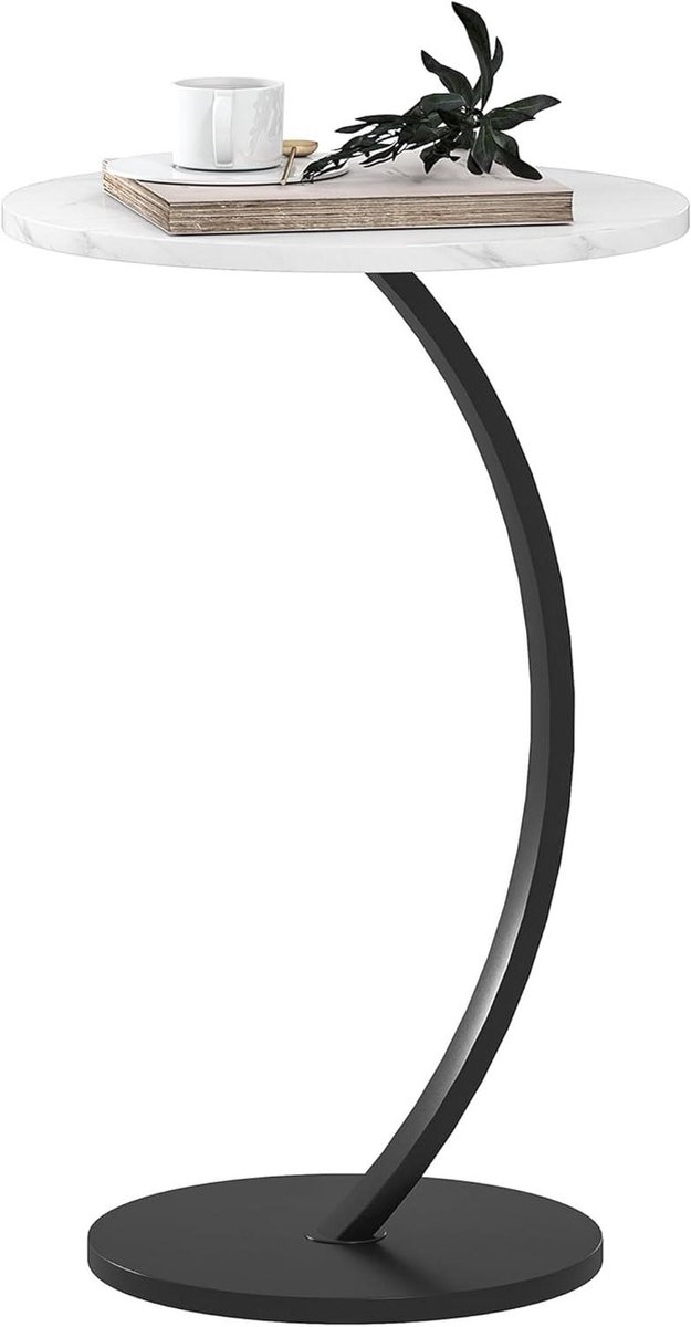 Bijzettafel Rond - Spreken Tafel - Woonkamer Decoratie - C-vorm Ontwerp - 40x61.5 cm - Wit Marmerlook