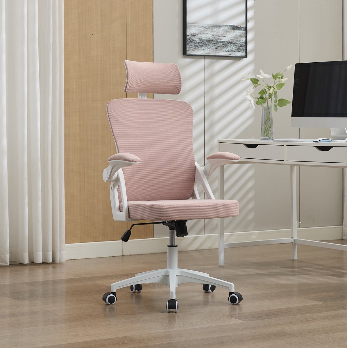 DESMIU Bureaustoel 65 x 58 x 128 cm - Ergonomisch Met Netrugleuning, Hoofdsteun En Verstelbare Zithoogte - Voor Thuis En Kantoor - Roze