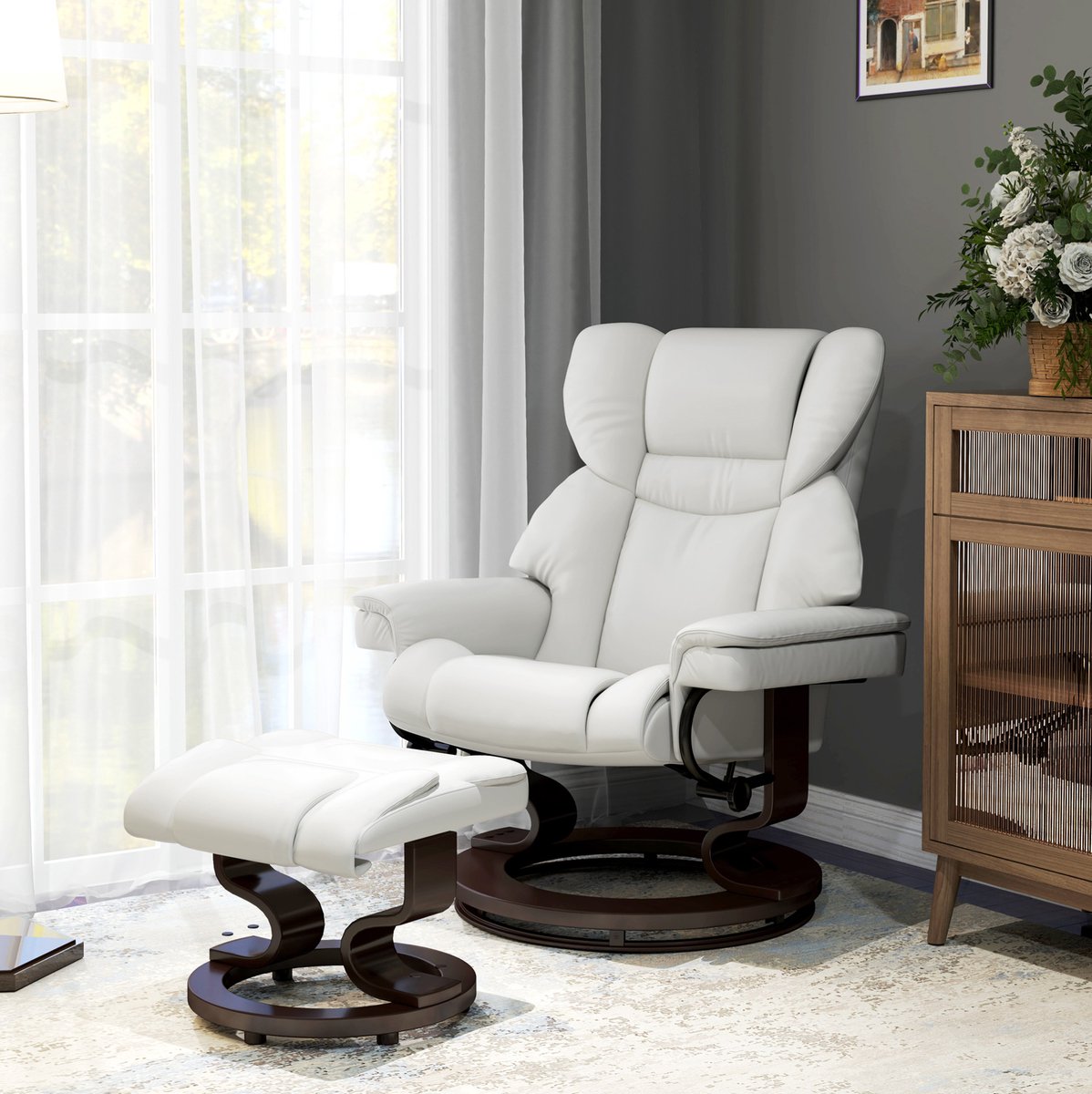 MIVRAY Relaxfauteuil 79 x 82 x 101 cm - Elektrische Massagefunctie En 145° Ligstand Met Hocker - Voor Woonkamer - Kunstleer Crèmewit