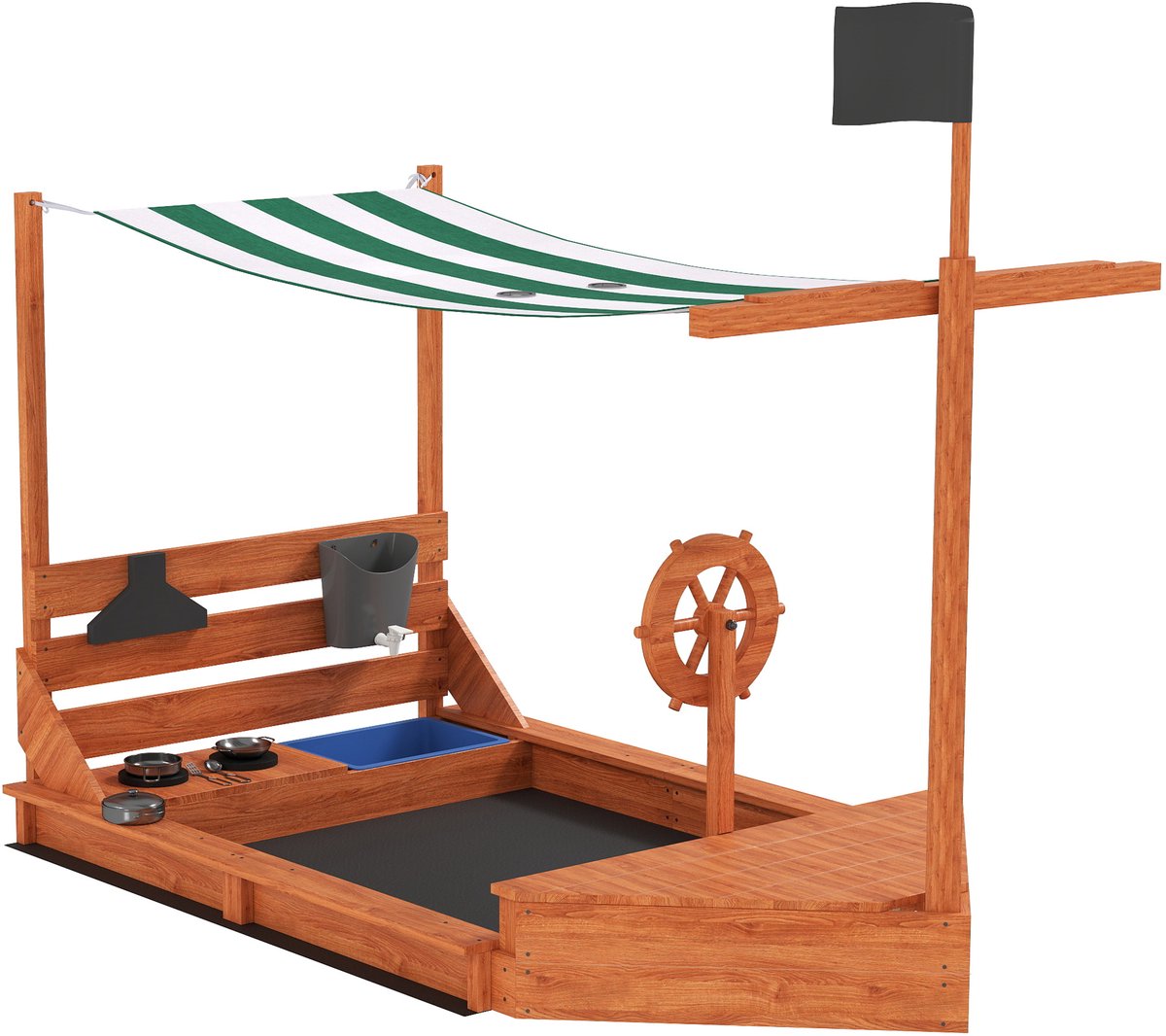 TEKROA® Houten Zandbak Piratenschip met Zonnedak & Speelkeuken - Inclusief Accessoires gronddoek - 180x103x144,5 cm - Groen