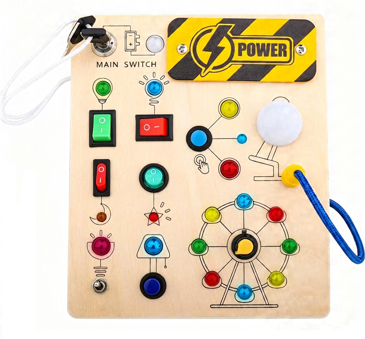 Montessori activiteitenbord voor peuters, houten sensorisch Busy Board met LED-schakelaars, bevordert de fijne motoriek, educatief reisspeelgoed voor jongens en meisjes vanaf 1 jaar, verjaardagscadeau