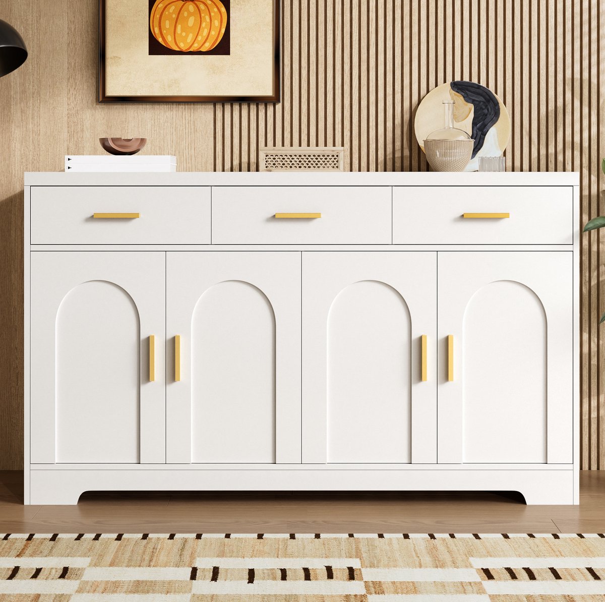 HAUSS SPOLE Dressoir - Vier Deuren En Drie Lades Met Verstelbare Planken - Voor Woonkamer En Eetkamer - MDF - 140x40x83 Cm - Wit