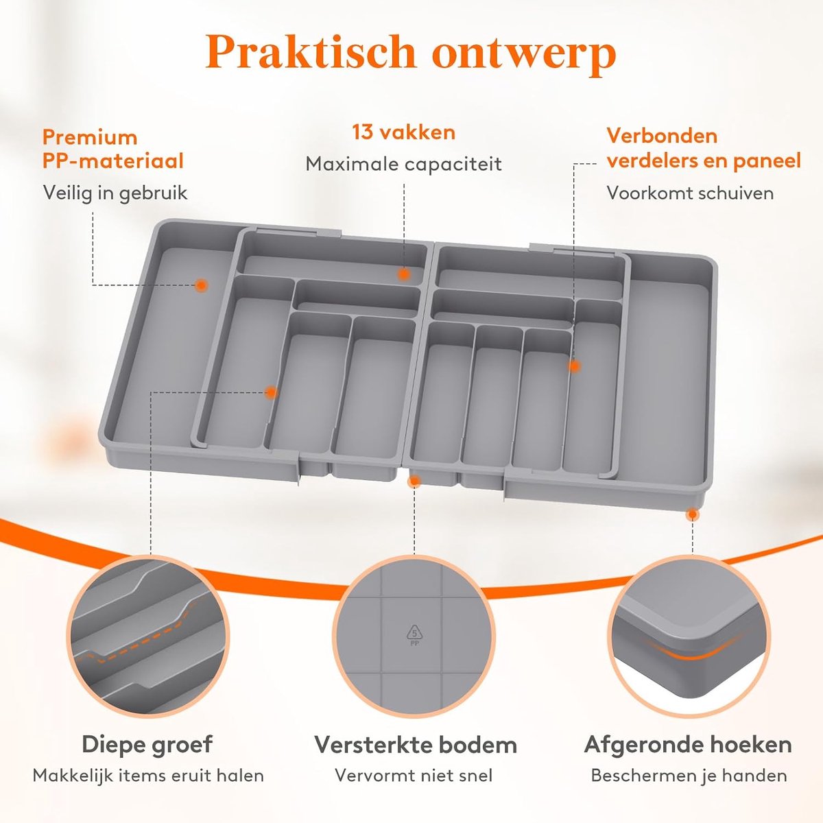 Dailygoody - Besteklade Organizer - Uitbreidbaar tot 36 Inch - Grijs - Verstelbare Bestekhouder - Ideaal voor Keuken - Compact Plastic Opbergvak
