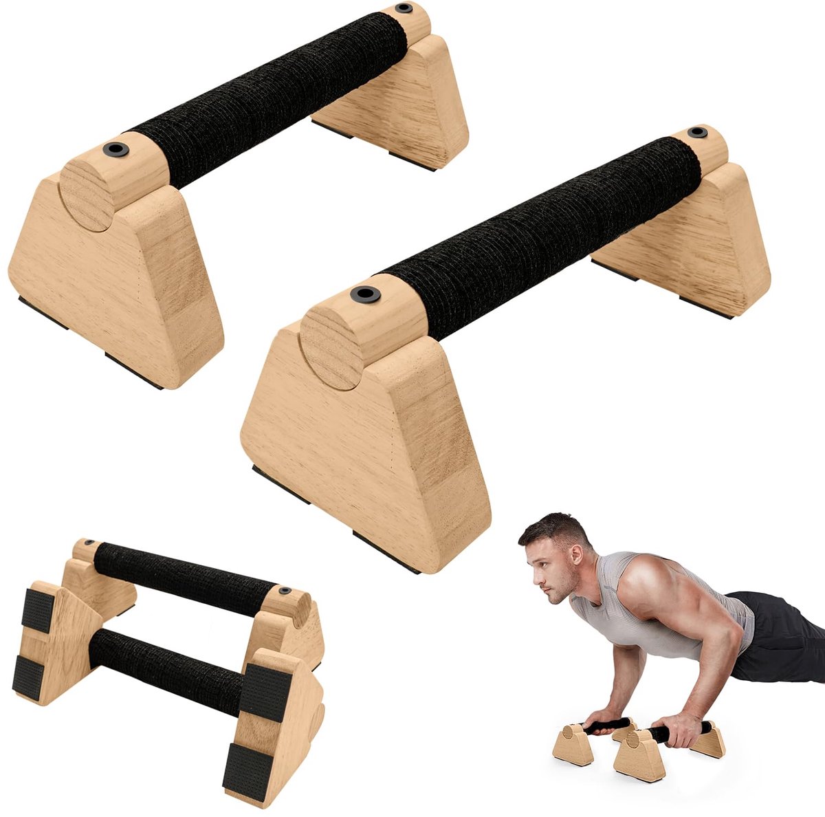 Fitness stang - 25 cm houten handtrainings opdrukgrepen gymnastiek handblokken voor dagelijkse spieropbouw en handoefeningen